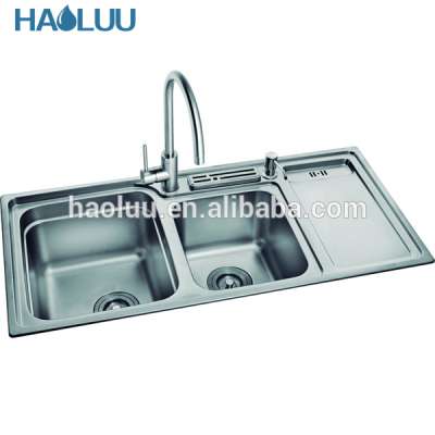 HL61502 Brushed New Double Bowl Kitchen Sink With Drainboard